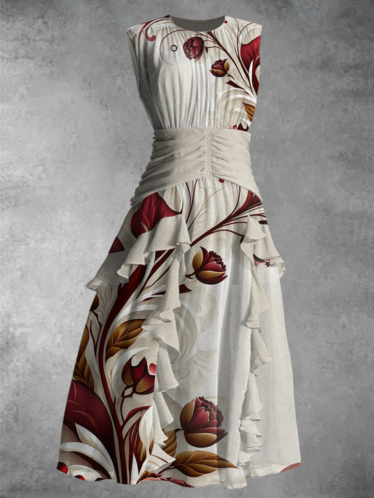 Vintage Art Floral Print V-Neck Elegant Chic Chiffon Sleeveless Maxi Dress