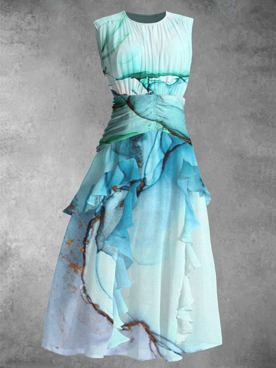 Vintage Turquoise Art Tie-Dye Printed V-Neck 50's Elegant Chic Chiffon Sleeveless Maxi Dress