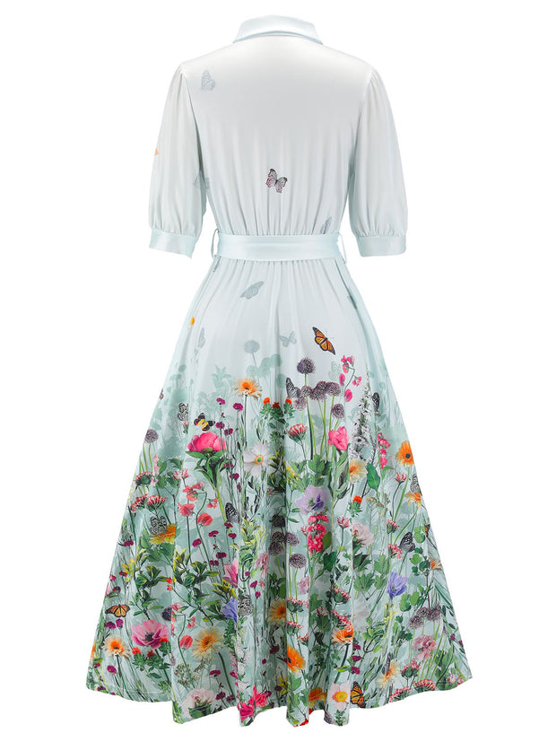 Retro Floral Print Half Sleeve Midi Shirt Dress