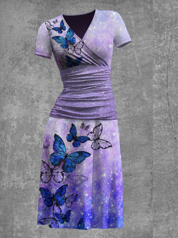 Women's Purple Butterfly Starry Sky V-neck Midi Dress