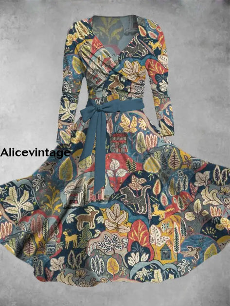 Derby Rose Art Print Vintage V-neck Long Sleeve Two-Piece Midi Dress Derby Dress