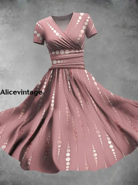 Polka Dot Print V Neck Three Quarter Sleeves Patchwork Dress
