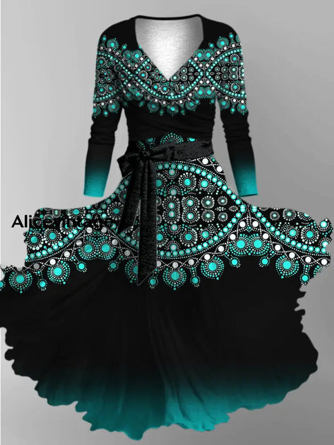 Eyeball Print Vintage V-Neck Long Sleeve Two Piece Midi Dress main image 1