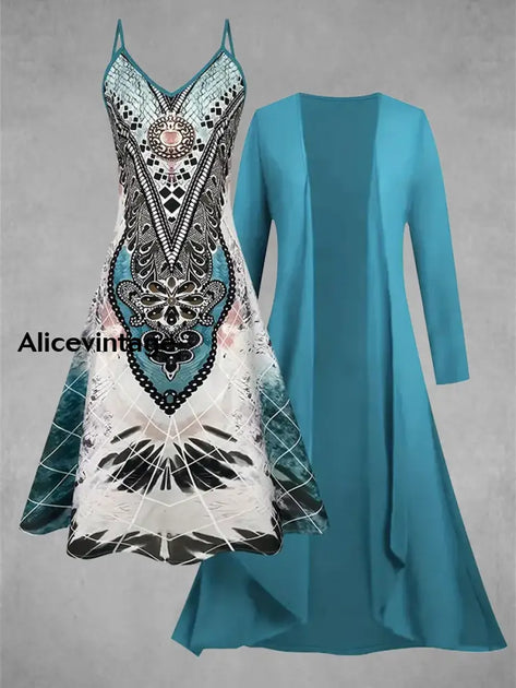 Boho Vintage Print Shawl Wrap Split Slip Dress main image 1