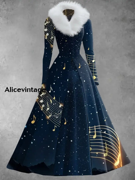 Christmas Glitter Snowflake Art Print Vintage Long Sleeve Two-Piece Midi Dress main image 0