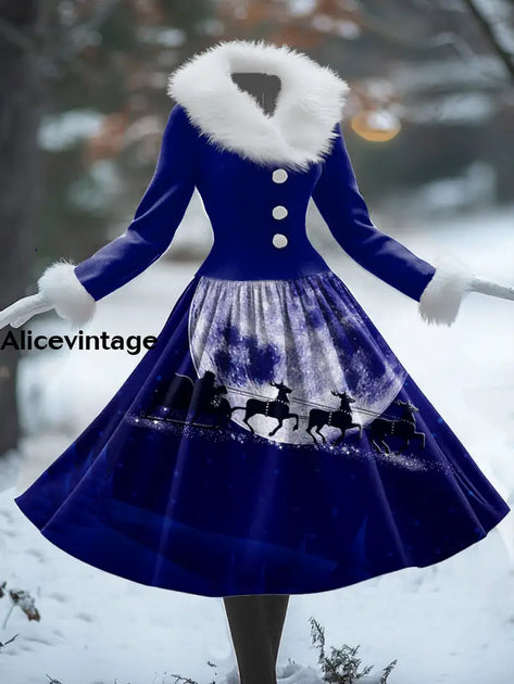 Floral Art Print Vintage Elegant Fur Collar Long Sleeve Midi Dress