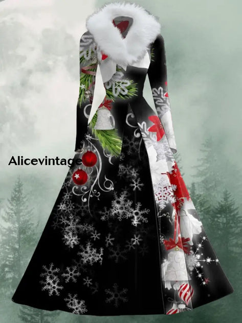 Snowflake Art Print Vintage Elegant Fur Collar Long Sleeve Midi Dress main image 0