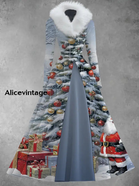 Christmas Art Print Vintage Elegant Fur Collar Long Sleeve Midi Dress