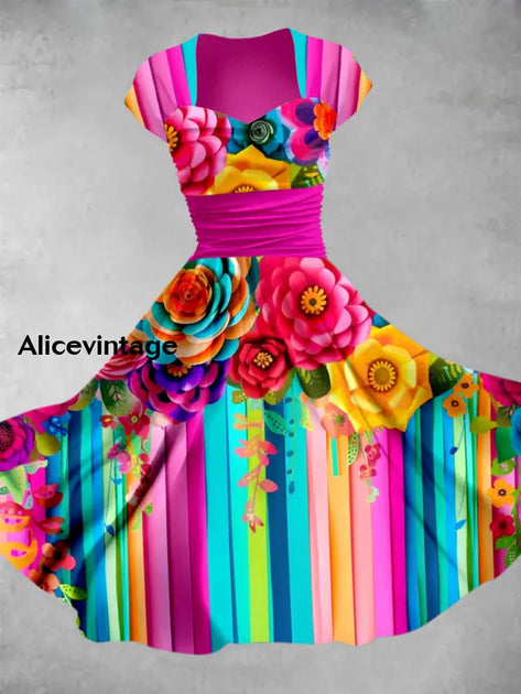 Mexican Skull Floral Art Print V-Neck Short Sleeve Vintage Maxi Dress main image 1