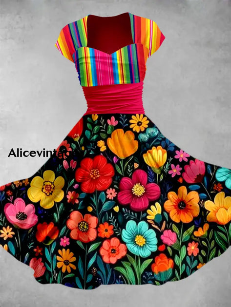 Mexican Floral Art Print V-Neck Short Sleeve Vintage Dress main image 0