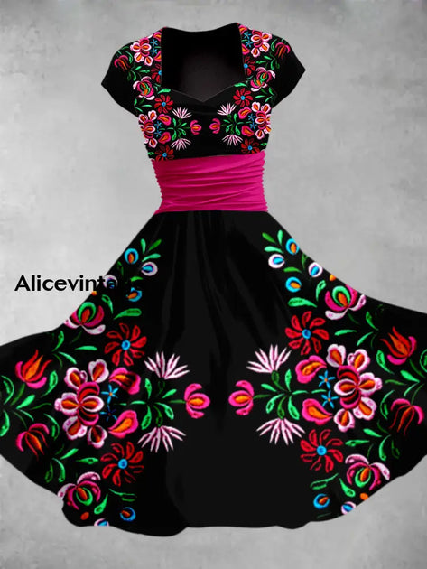 Mexican Skull Floral Art Print V-Neck Short Sleeve Vintage Maxi Dress main image 0