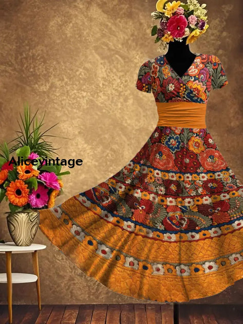 Mexican Floral Art Print V-Neck Short Sleeve Vintage Elegant Maxi Dress main image 0