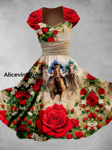 Women's Derby Rose Art Print Short Sleeve Vintage Midi Dress main image 1