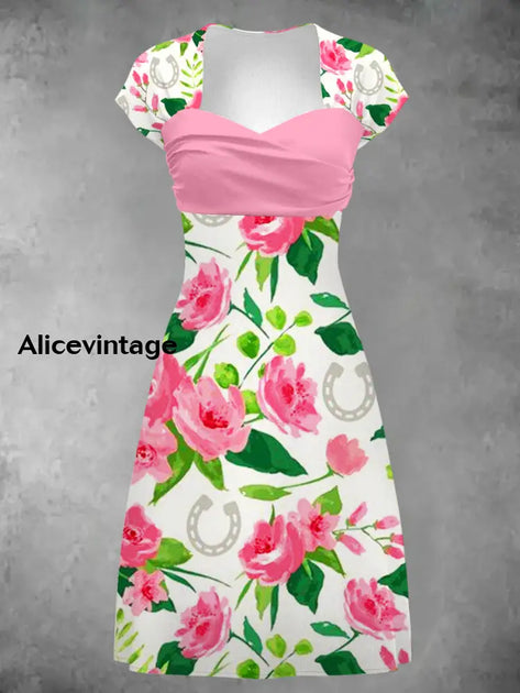 Derby Art Print Short Sleeve Vintage Midi Dress Derby Dress  alicevintage