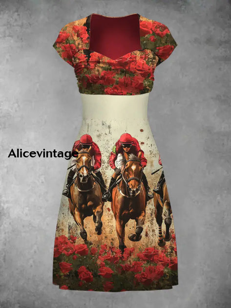 Derby Art Print Short Sleeve Vintage Midi Dress Derby Dress  alicevintage