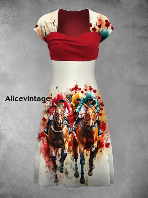 Derby Art Print Short Sleeve Vintage Midi Dress Derby Dress