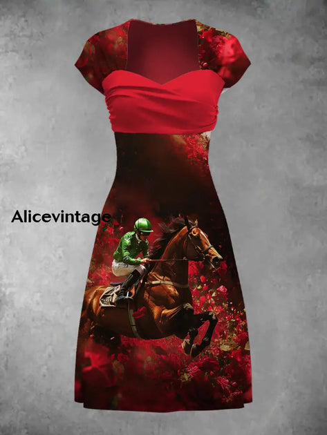 Horse Floral Art Print Short Sleeve Vintage Dress Derby Dress main image 1