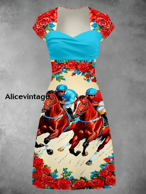 Horse Floral Art Print Short Sleeve Vintage Dress Derby Dress main image 0