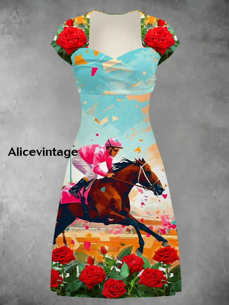 Derby Art Print Short Sleeve Vintage Midi Dress Derby Dress – alicevintage