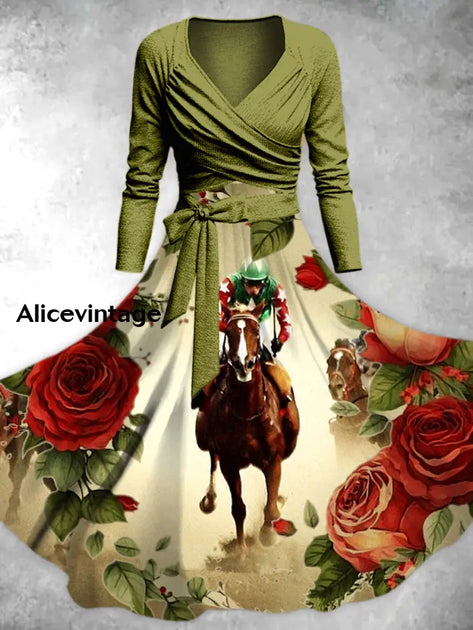 Derby Art Print V-Neck Short Sleeve Vintage Midi Dress Derby Dress