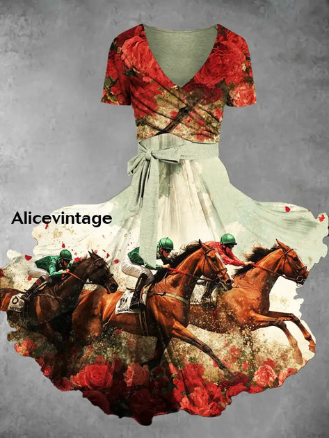 Derby Art Print V-Neck Short Sleeve Retro Two-Piece Dress Derby Dress ...