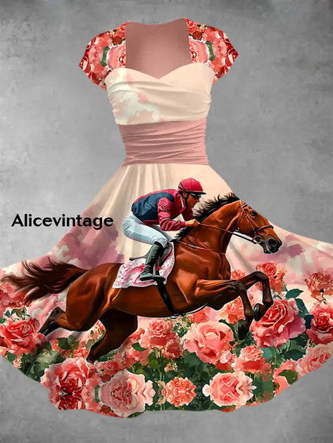 Women's Derby Horse Print V-Neck Short Sleeve Vintage Midi Dress main image 0