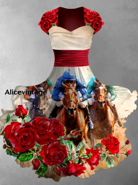 Derby Art Print V-Neck Short Sleeve Vintage Elegant Dress Derby Dress main image 1