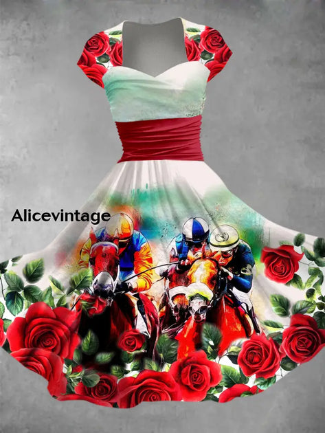 Derby Art Print V-Neck Short Sleeve Vintage Elegant Dress Derby Dress main image 0