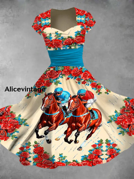 Horse Art Print Short Sleeve Vintage Midi Dress Derby Dress main image 1