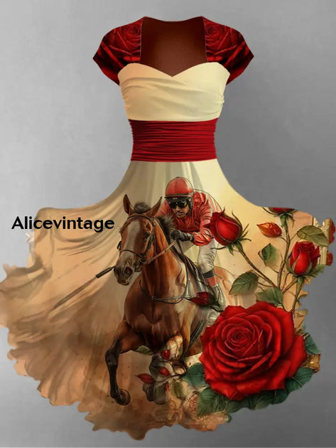 Women's Derby Day Art Print Short Sleeve Vintage Midi Dress