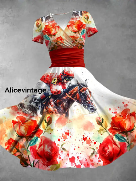 Derby Art Print Short Sleeve Vintage Midi Dress Derby Dress