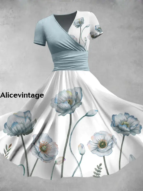 Elegant Floral Print V-Neck Vintage Short Sleeve Midi Dress  alicevintage