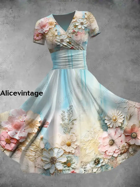 LIGHT PURPLE PUFF SLEEVE FLOWER PRINT V-NECK DRESS main image 1