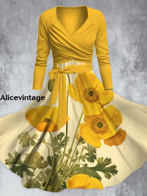 Yellow Floral Printed V Neck Midi Dress main image 0