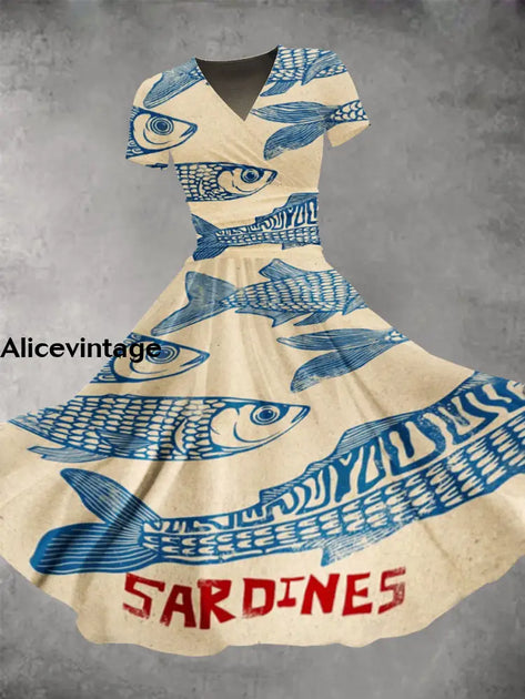 Women's Vintage Fish Sardines Art Print Linen Pocket Skirt main image 1
