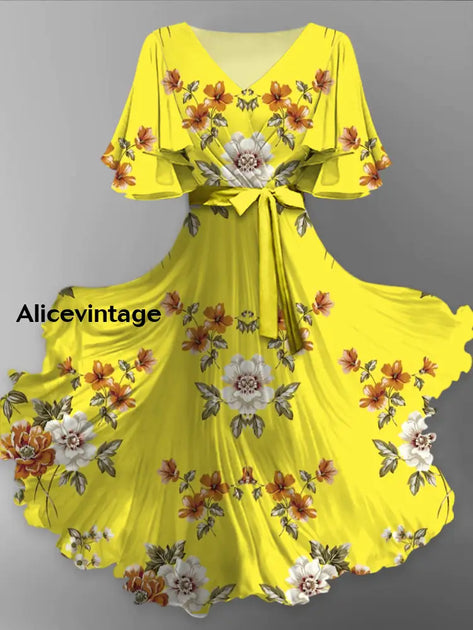 Mexican Floral Art Print V-Neck Short Sleeve Vintage Dress