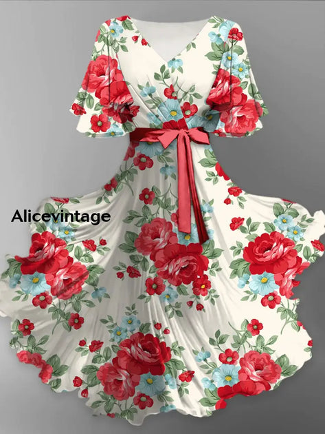 Floral Print V-Neck Short Sleeve Vintage Midi Dress