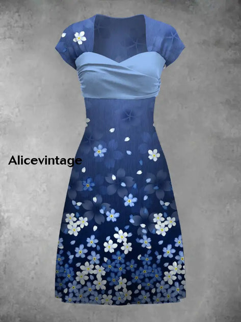 Floral Art Print Short Sleeve Vintage Two-Piece Midi Dress main image 0