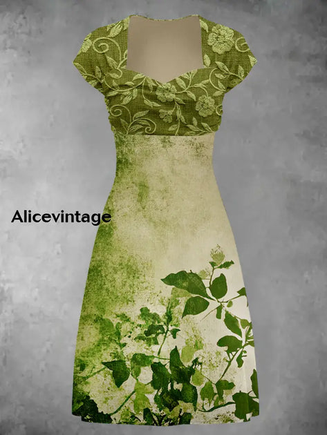 Retro Floral Art Print Short Sleeve Vintage Dress