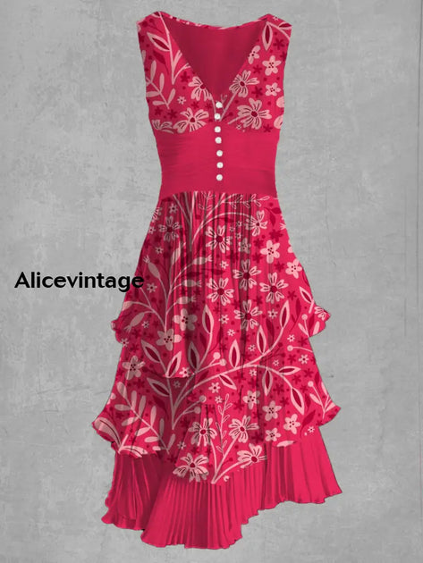 Floral Print Sleeveless V-Neck Button Up Retro Dress main image 0