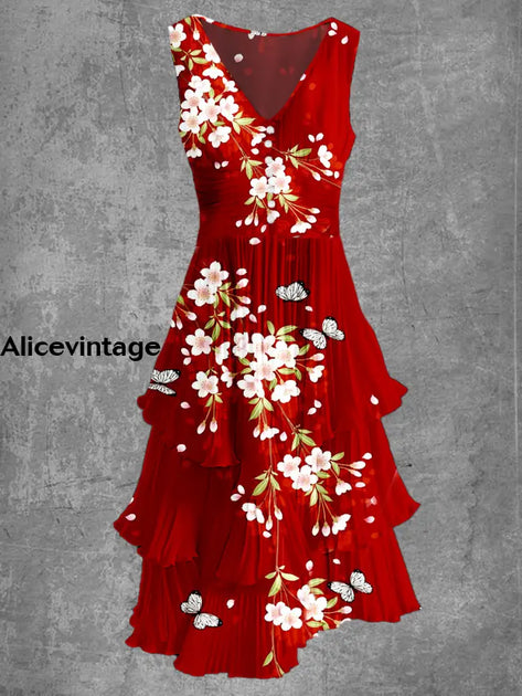 Vintage Elegant Red Butterfly Printed V-Neck Sleeveless Fashion Midi Dress main image 0