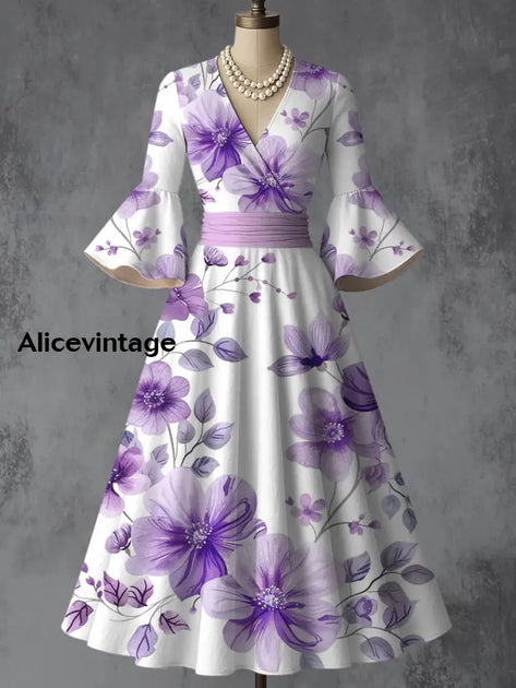 Retro Floral Art Print V-Neck Flare Sleeve Vintage Elegant Dress main image 0