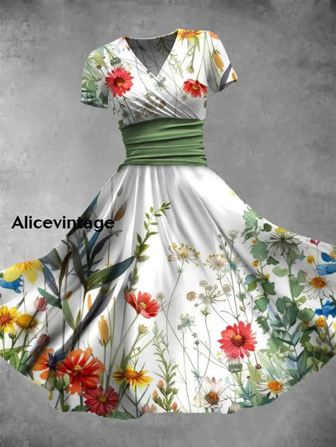 Green Floral Art Print V-Neck Short Sleeve Vintage Midi Dress main image 0