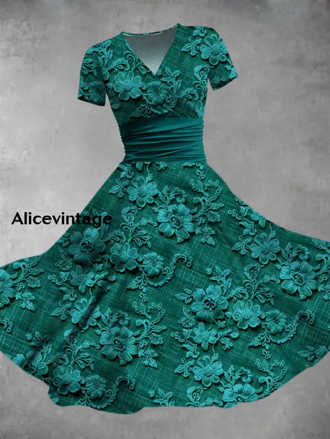 Floral Art Print V-Neck Short Sleeve Vintage Elegant Midi Dress