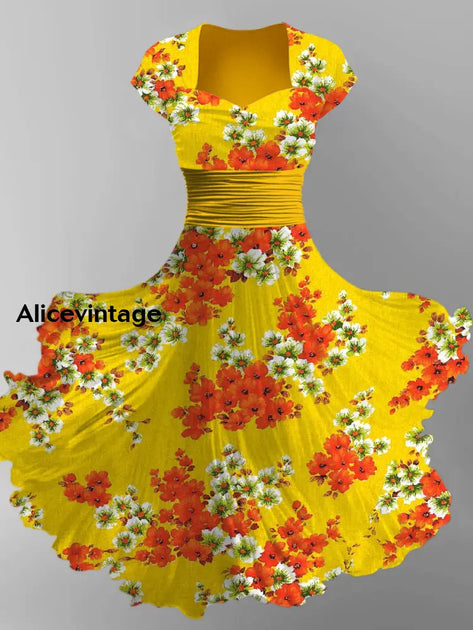 Derby Art Print V-Neck Vintage Chic Short Sleeve Midi Dress Derby Dress main image 1