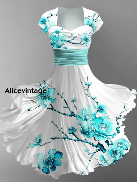 Floral Art Print V-Neck Vintage Chic Short Sleeve Midi Dress  alicevintage