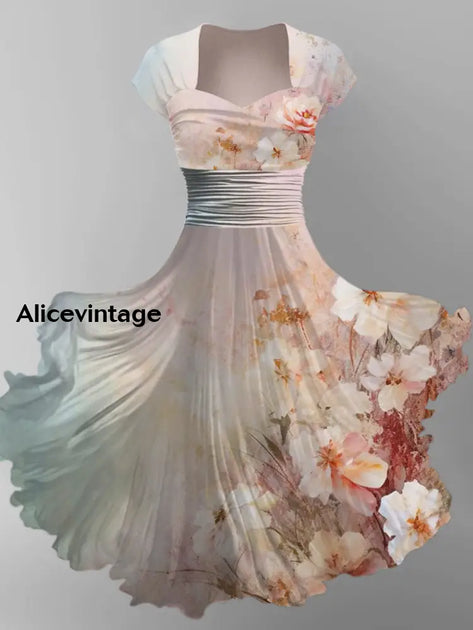 Retro Floral Print V-Neck Vintage Chic Short Sleeve Midi Dress main image 0