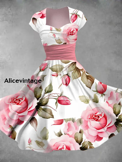 Floral Art Print V-Neck Vintage Chic Short Sleeve Midi Dress  alicevintage