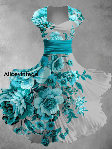 Abstract Color Print V-Neck Vintage Chic Short Sleeve Midi Dress main image 0