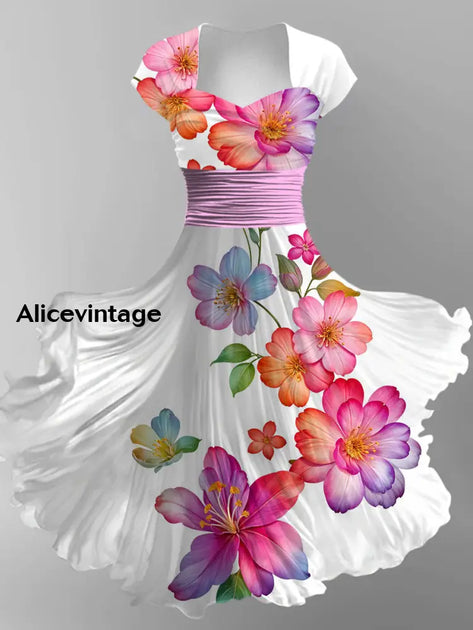 Derby Art Print V-Neck Vintage Chic Short Sleeve Midi Dress Derby Dress